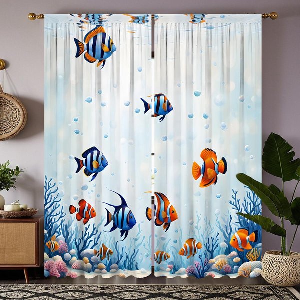 2 Piezas De Cortina Decorativa HD Azul Con Fondo Marino, Peces Dorados Y Coral, Cortina Impresa Digitalmente Con Lazo Blanco, Estilo De DecoracióN Del Hogar W52H63Inchw132H160Cm-image