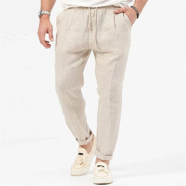 Pantalones Casuales De Lino Para Hombre, Pantalones De Playa, Cintura EláStica Con CordóN, Lisos, CóModos, Transpirables, Casuales, Para Uso Diario S Caqui-image