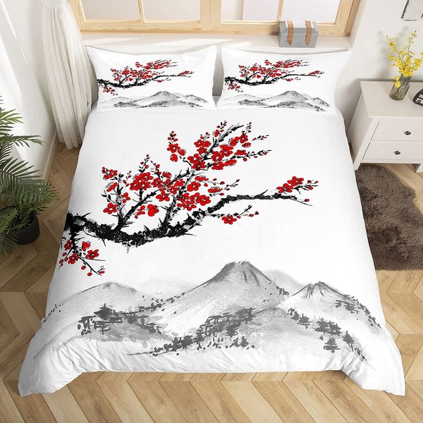 Juego De Funda NóRdica Japonesa, Rama De Un Floreciente ÁRbol De Sakura Flor Flores De Cerezo Tema De Primavera Arte Juego De Cama JapóN TamañO Completo 140X200Cm 3Pcs-image