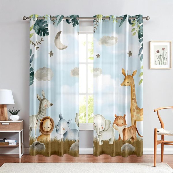 Cortinas De Animales De Dibujos Animados Para HabitacióN Infantil, Tigre, Elefante, Jirafa, 2 Paneles, NiñOs, NiñAs, DecoracióN De Sala De Estar, Dormitorio W75X166H(Cm)X2Pcs&Rod Pocket-image