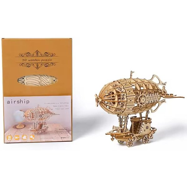 Drewniane Puzzle 3D Do Samodzielnego MontażU, Mechaniczny Model Sterowca, Zabawka Antystresowa, Model 3D Stereo, RęCznie Robiona Ozdoba Na Biurko, Zabawka Parowa Beige-image