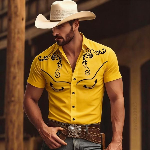 2026 Nowa MęSka Letnia Koszula Z KróTkim RęKawem W Stylu Western Cowboy, Retro Nadruk, Dopasowany KróJ, Casualowa Koszula Wakacyjna 5XL Yellow-image