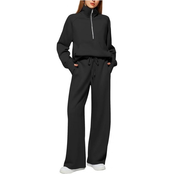 ColeccióN De 2 Piezas Para Mujer Conjunto Top Y Pantalones Cremallera Media Cuello Solapa Mangas Largas Sudadera Cintura EláStica Pantalones De CháNdal Pierna Ancha Conjunto Deportivo S Negro-image