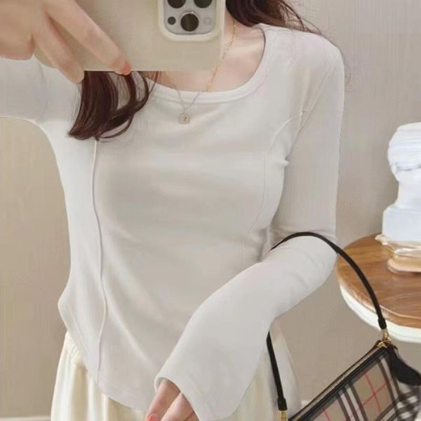 Camiseta De Fondo Para Mujer OtoñO E Invierno Camiseta De Manga Larga DiseñO Ajustado Y Fino Top De Estudiante Estilo Extranjero 2XL Blanco-image
