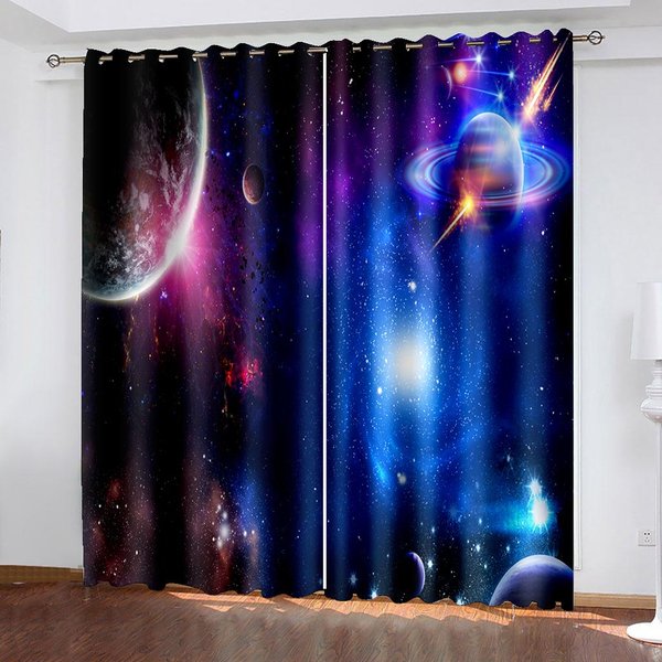 Cortina Fina Semisombreada Con Estampado 3D De Dibujos Animados, Espacio, Galaxia Y Estrellas, Para Dormitorio De NiñOs, Sala De Estar, Hogar, Gancho 100W130H(Cm)40X51In&Grommet Top-image