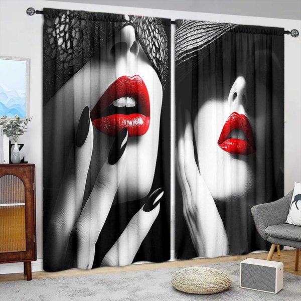 2 Szt. ZasłOna Z Nadrukiem PłOmiennych Czerwonych Ust Do Dekoracji Domu - Kieszeń Na Karnisz, Dekoracja Okienna Do Sypialni, Biura, Kuchni, Salonu 132Cmx213Cm X 2Pcs-image