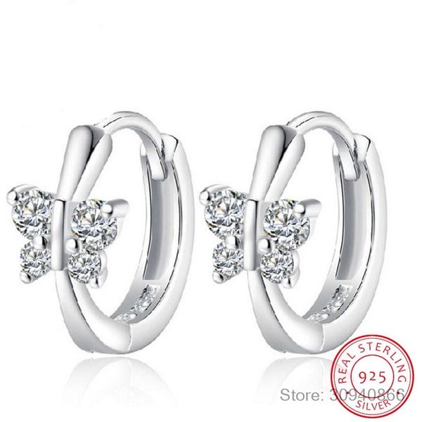 Pendiente De Aro PequeñO De Plata De Ley 925 Con Circonita De Mariposa Para Bebé, Princesa, NiñA, NiñO, Mujer. Hermosos Aros Huggies. JoyeríA White-image