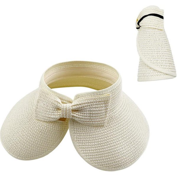 Viseras De Verano Para Mujer Sombrero Plegable De Ala Ancha Grande Lazo Parte Superior VacíA Sombreros De Paja Chapeau Femme Gorras De Playa ProteccióN UV Adjustable Blanco Leche-image