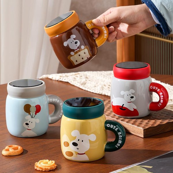 Taza De CeráMica Con Tapa Y Espejo De Perro De Dibujos Animados, Gran Capacidad, Resistencia A Altas Temperaturas, Taza De Set Para El Hogar Para NiñAs 400ML Brown-image