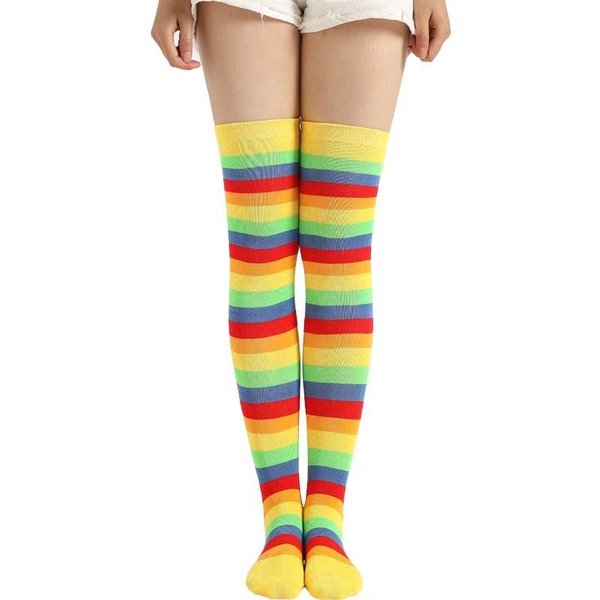 Calcetines Largos Mujer Hasta El Muslo Calcetines De Halloween Medias Sexy Hasta La Rodilla Rayas Lolita ArcoíRis Calcetines Jk One Size Beige-image