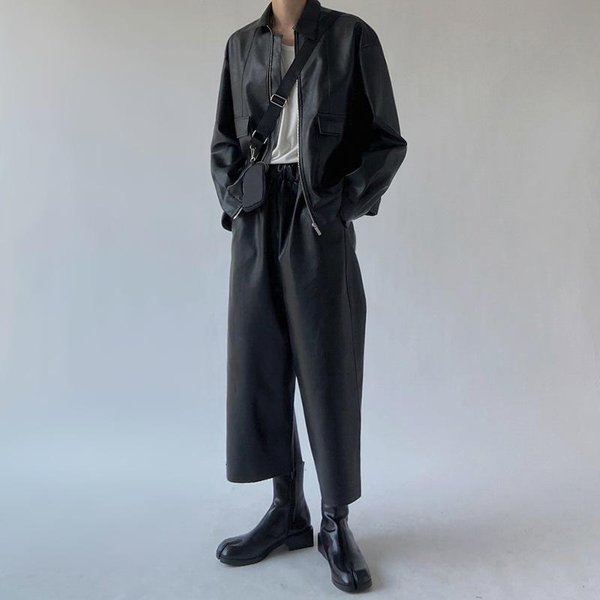 Chaqueta De Cuero De OtoñO Para Hombre Estilo Coreano Holgado Solapa Traje De Motociclista Piloto Chaqueta De Cuero Retro Chaqueta 2XL Negro-image