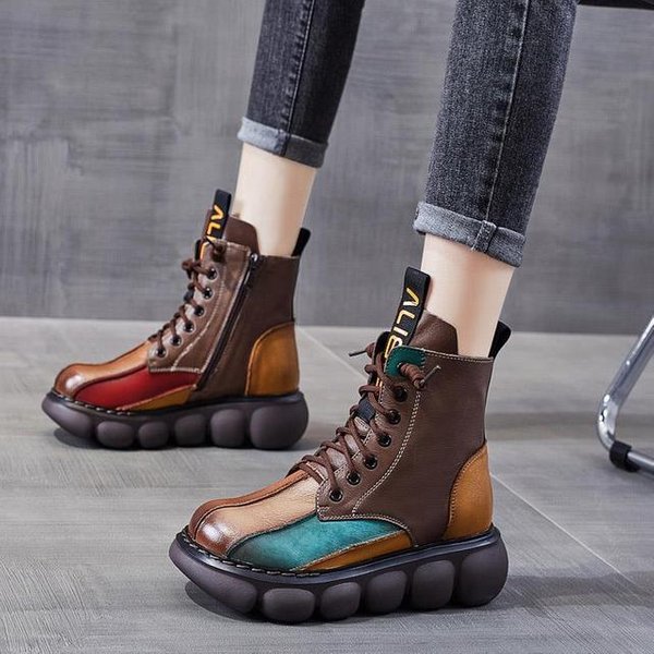 OkrąGłE Noski Sznurowane Damskie Buty Jesienne KróTkie Buty Mieszane Kolorowe Buty Damskie Buty Modne Retro RęCznie Robione Na Co Dzień Gruba Podeszwa Botki 35-image