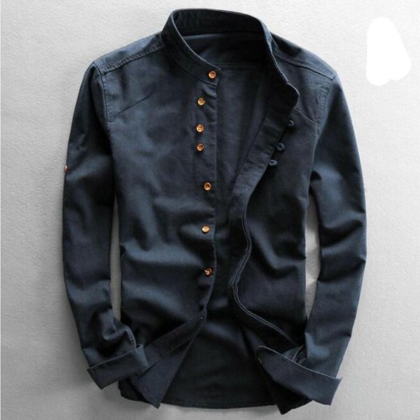 MęSkie BawełNiane Lniane Koszule Z DłUgim RęKawem MęSkie Casual Slim Koszule Ze StóJką 7XL Kolor Granatowy-image
