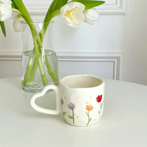 Taza De Café Creativa De CeráMica De 350 Ml Estilo Ins Pintada A Mano Corazones Florales Pellizcada A Mano Irregular Taza De Té Leche Taza Para Desayuno Avena 350ML-image