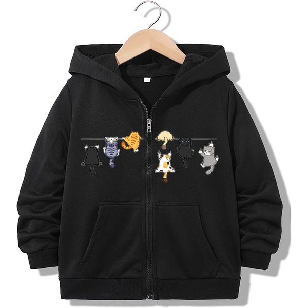 Jesienne Bluzy Bluza Rozpinana Z Kapturem Zabawne Codzienne Bluzy Z Kotem I Literami Kurtki ChłOpcy Dziewczynki Y2K Wygodne Zapinane Na Zamek 130 Black-image