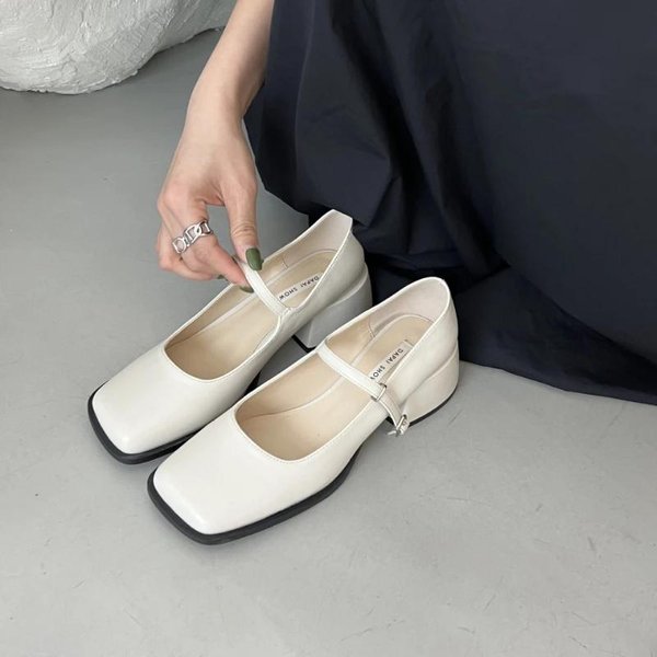 Zapatos De TacóN Para Mujer Moda Punta Cuadrada Zapatos Mary Jane Para Mujer Suela Blanda Zapatos De Ballet Sandalias Para Mujer Hebilla Baja De Lujo 40 Blanco-image