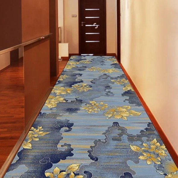 Alfombras Largas De Lujo Para Pasillo, Pasillo, Alfombra Jacquard Azul Y Dorada, Alfombra Antideslizante Para Sala De Estar, Hotel, Escalera, Hogar Y Cocina. 60X100Cm 23.6X39.4In-image