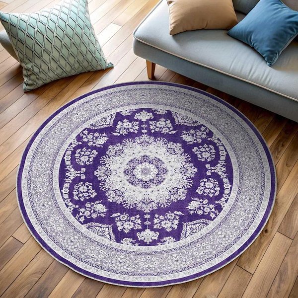 BeżOwy Vintage Postarzany Perski OkrąGłY Dywan Z Medalionem AntypośLizgowa Zmywalna Mata Do Salonu W Stylu Wiejskim 120X120Cm-image