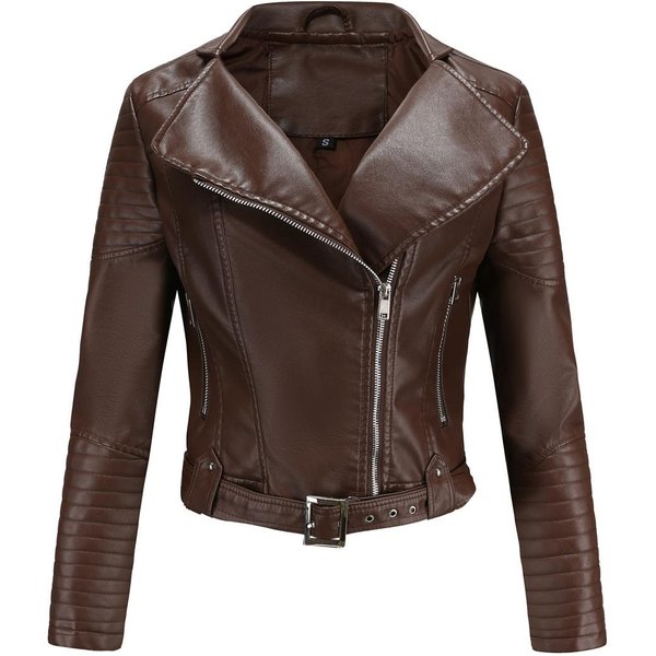 Chaqueta Corta De Moto De Cuero Con Cremallera Y Manga Larga Con CinturóN Y Solapa Para Mujer, Chaqueta De OtoñO E Invierno Para Mujer L-image