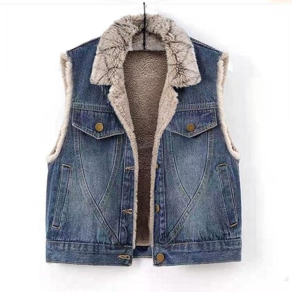 Chaleco Vaquero De Invierno Para Mujer Con Forro CáLido De Piel SintéTica, Chaleco Sin Mangas Retro Casual Azul L-image