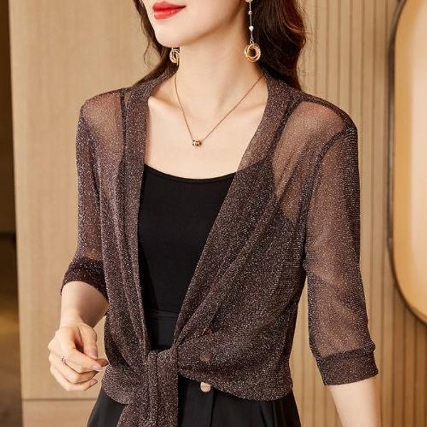 Ropa Corta De ProteccióN Solar Para Mujer Verano Chal De Malla Grande CáRdigan Fino Abrigo Corto Top Para Mujer S MarróN-image