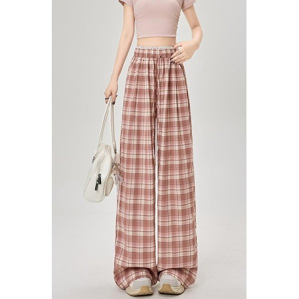 Pantalones De Pierna Ancha A Cuadros De Encaje Para Mujer En Primavera Y Verano De Cintura Alta, Holgados, Rectos, Casuales, Hasta El Suelo 2XL White-image