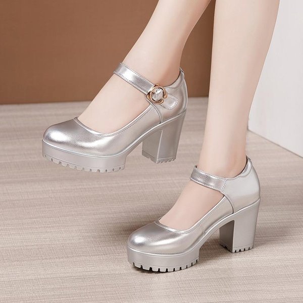 8CM Wiosenne Jesienne Buty Na Wysokim Obcasie Na Co Dzień Seksowne SkóRzane Buty Robocze Na Grubym Obcasie Damskie Buty Na Wysokim Obcasie CzółEnka Buty 35 Srebro-image