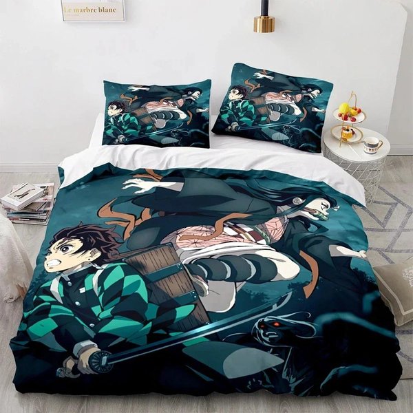 Anime Demon Slayer Kamado Tanjirou PośCiel Zestaw Poszewka Na KołDrę Poszewka Na Poduszkę KołDra Rozmiar KróLewski KróLowej ChłOpcy DorośLi A EU Single 135X200Cm-image