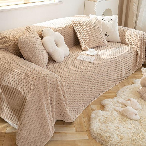 Funda De Sofá Anti-ArañAzos Para Gatos Tela Estilo Simple Toalla De Sofá Invierno Felpa Funda De Sofá Todo Incluido Universal Manta De Sofá Cobertura Completa 180*130Cm Beige-image