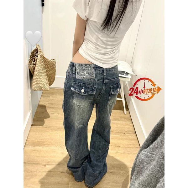 Damskie Jeansy Z Niskim Stanem I Szerokimi Nogawkami Vintage Spodnie Denimowe Z Efektem Sprania LuźNy KróJ Codzienne Proste Spodnie Z Haftowanym Naszywką XL Niebieski-image
