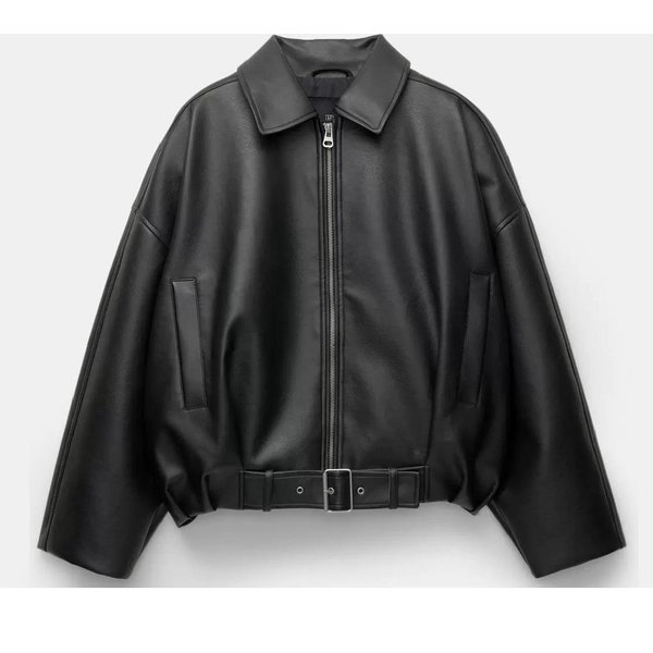 Ailegogo Nowa Wiosna Jesień Damska Streetwear Retro LuźNa Kurtka Ze Sztucznej SkóRy Moto Biker Damska Vintage Pasek Zamek PłAszcz Okrycie Wierzchnie XS Czarny-image