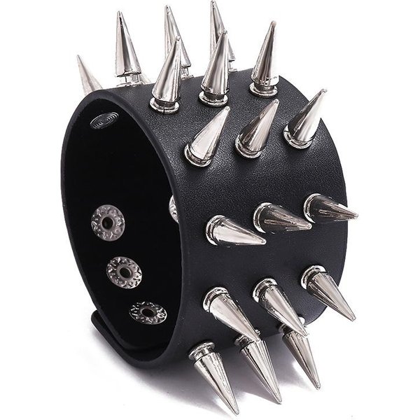 Pulsera Estilo Punk Pulsera De Cuero Tachonada PúAs CóNicas Remache Tachuela PuñO Ancho Brazalete Negro Ajustable Pulsera Para Hombre-image