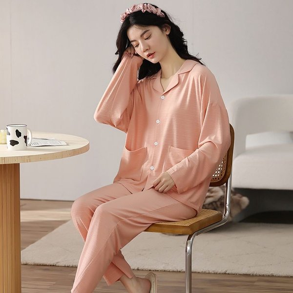 Conjunto De Pijama Para NiñAs 100% AlgodóN Para Mujer Primavera OtoñO Manga Larga Traje De Dormir CáRdigan Talla Grande Holgado Casual Ropa Para Exterior 4XL Brown-image