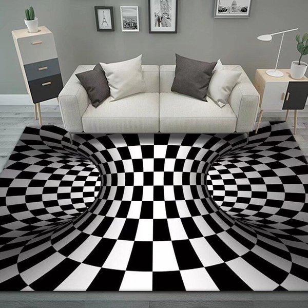 Dywan 3D Iluzja Wiru Czarno-BiałY Mata PodłOgowa Do Sypialni Abstrakcyjny Geometryczny Optyczny Dywan Wertykalny AntypośLizgowy Dekoracja Salonu 60*90Cm-image