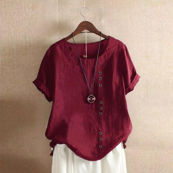 Gmxia Blusas Y Camisas De Manga Corta Con Cuello En O Y Estampado De Color SóLido Para Mujer XXL BorgoñA-image
