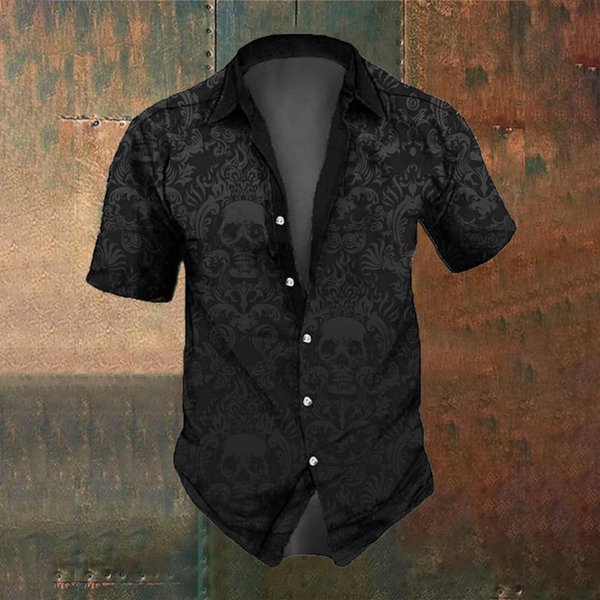Moda Masculina Ropa De Fiesta Estampado De Calaveras De Horror Retro Camisa De Manga Corta Para Hombre Tops Oversize Trendy Casual De Calle 5XL Black-image