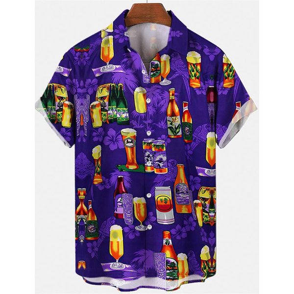 Camisas Hawaianas De Manga Corta Para Hombre Estampado 3D GráFico De Cerveza Vino Camisas De Playa Verano Casual Manga Corta Abotonada Camiseta Tops M-image