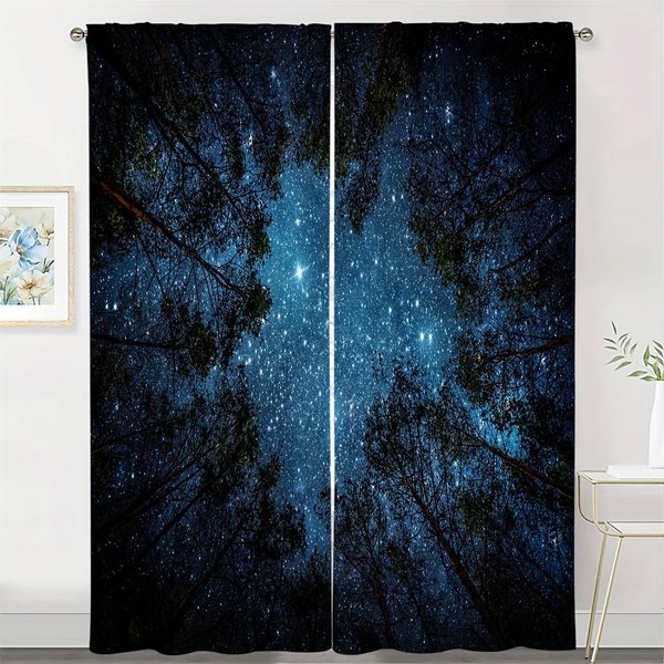 2 Paneles Impresionantes Cielo Estrellado Del Bosque Cortinas De Ventana, Cortina Con Pasador Para Barra DecoracióN Semi Opaca Para Sala De Estar Dormitorio 2X75W166H(Cm)&Rod Pocket-image