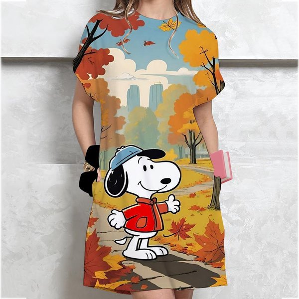Vestido De Verano Para Mujer Con Estampado De Snoopy, Holgado, Estampado, Cuello Redondo, Manga Corta, CóModo, Casual, Talla Grande S Gray-image