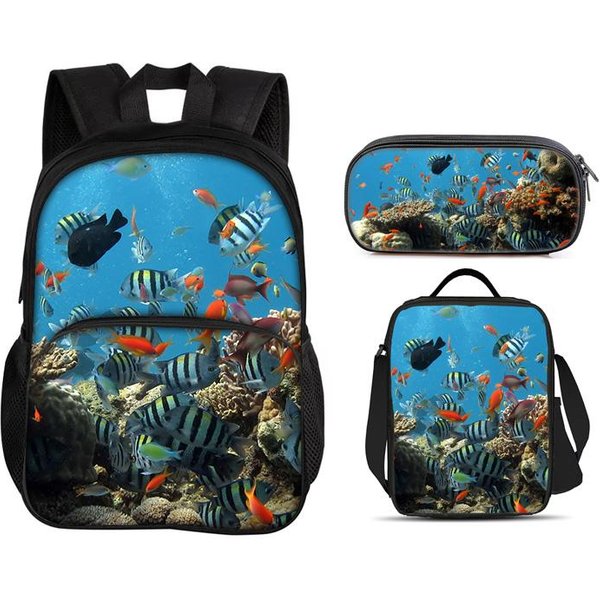 Mundo Submarino Mochila Con Bolsillo Frontal Redondo Estuche Para BolíGrafos Bolsa De Hielo Set De 3 Piezas VersáTil Dibujos Animados NiñO Y NiñA Escuela CumpleañOs Mejor Regalo-image