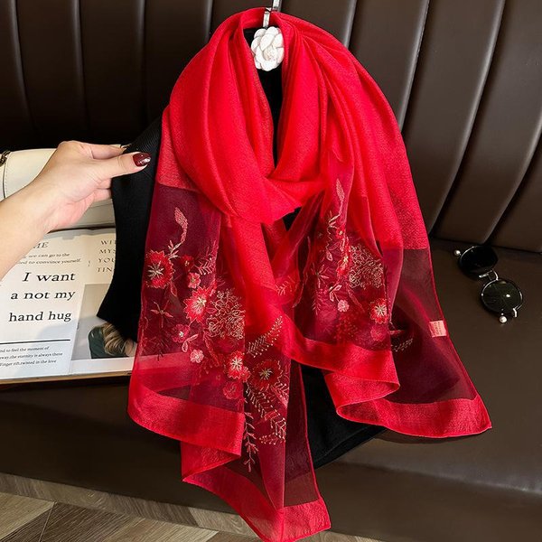 Jedwabno-WełNiane Szale Chusty Okrycia Damskie Haft Kwiatowy Foulard Chustka Na GłOwę Pashmina Poncho Szaliki Opaska Na GłOwę HidżAb Bandana 70X180Cm-image