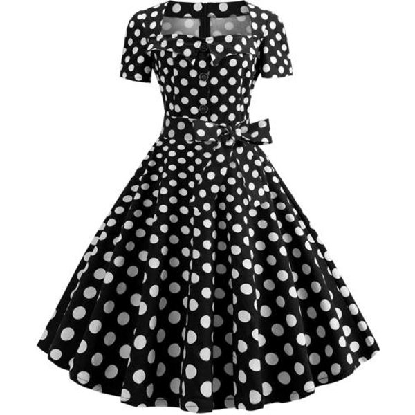 Sukienka Damska Kwadratowy Dekolt Z KróTkim RęKawem Retro 1950-Te Linia A Z DużYm Obszyciem I Guzikami Ozdobne Nadruk W Kropki Dopasowane Kolory ŚRednia Talia Z Paskiem Ozdobna Kokarda Sukienka Midi M Czarny Kolor BiałY-image