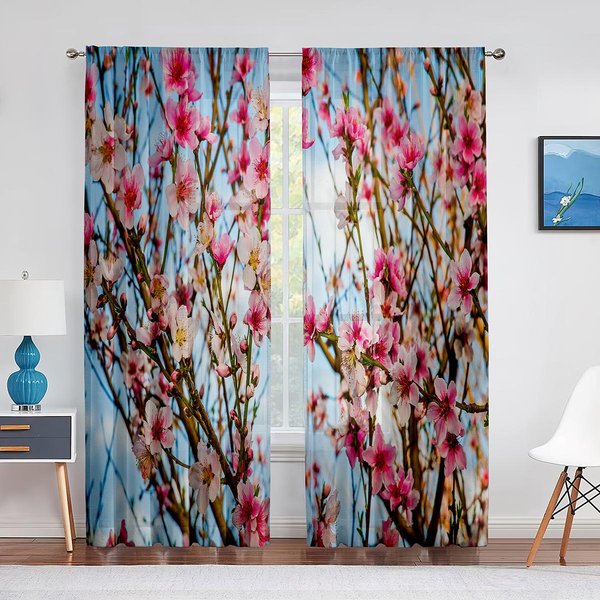Cortinas De Gasa Transparente Con Hermosas Flores Blancas De Primavera Para Dormitorio, Sala De Estar, Cocina, DecoracióN, Cortina De Tul De Gasa Para Ventanas 1 PCS W100Xh250Cm&Grommet Top-image