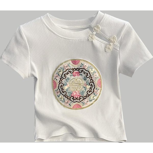 Camiseta Bordada De Manga Corta Estilo Chino Para Mujer Nueva Camiseta De Mujer Con Cuello Redondo Y Hilo Top Corto Retro Con Botones XL Blanco-image