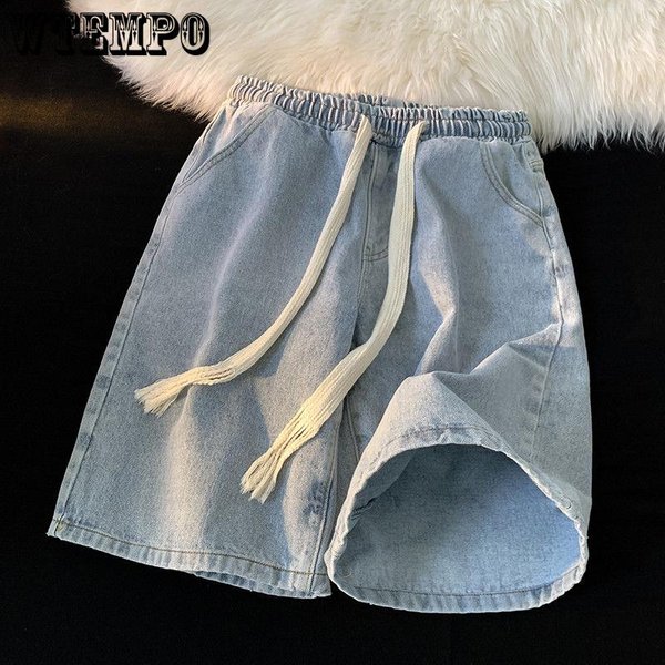 Letnie Szorty Jeansowe Woven Szorty Ze Sznurkiem MęSkie Cienkie Casualowe Retro LuźNe DużE Rozmiary Z PięCioma Punktami 3XL Niebieski-image