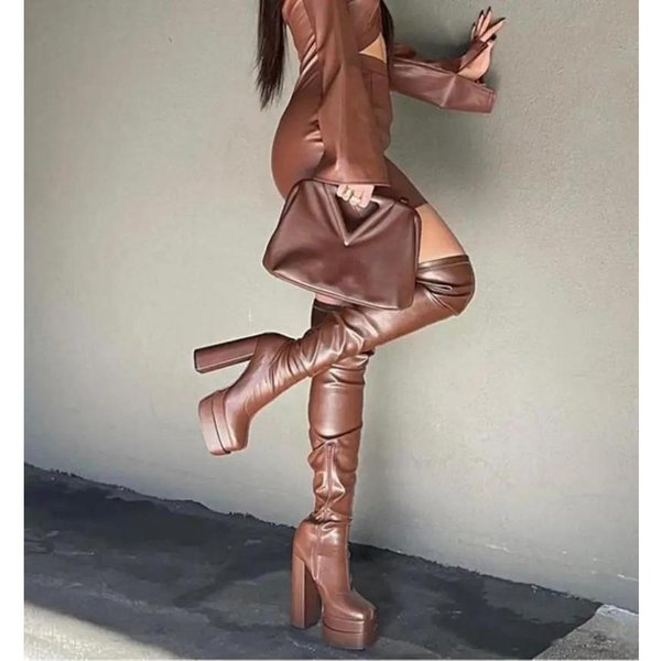 Bonjomarisa Botas Altas Hasta El Muslo Para Mujer, Botas Con Plataforma Doble, Tacones Altos, Botas Por Encima De La Rodilla, Zapatos Largos Sexys Con Cremallera, Botas Para Mujer 41 Gray-image