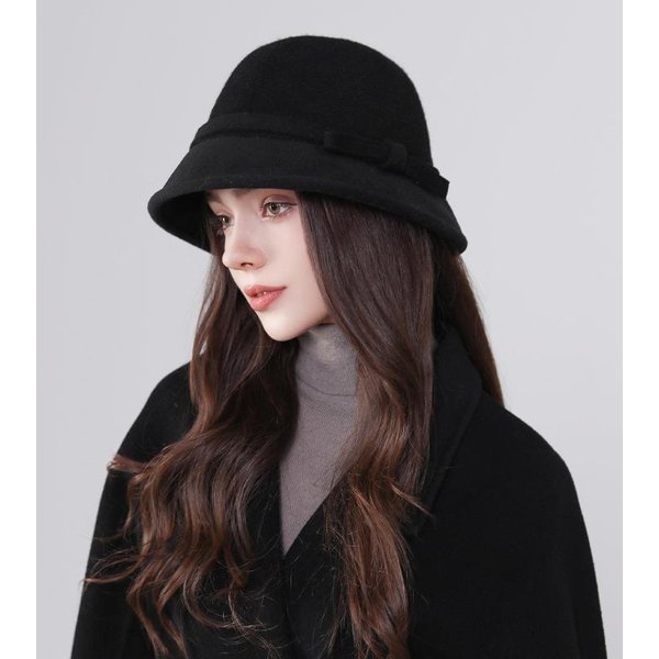 Sombrero De Lana Estilo Hepburn Para Mujer Para OtoñO E Invierno Nuevo Sombrero Cubo Retro FrancéS Con Lazo Elegante CáLido Sombrero De Pescador One Size Black-image