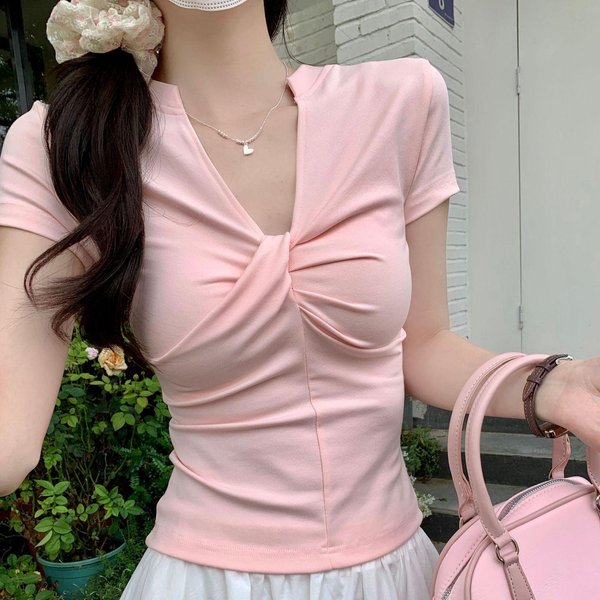 Camiseta Negra De Cuello En V Puro De Manga Corta Para Mujer Verano Nuevo Estilo, Sexy Top De Hombro Descubierto De Cintura Corta XL Color Rosa-image