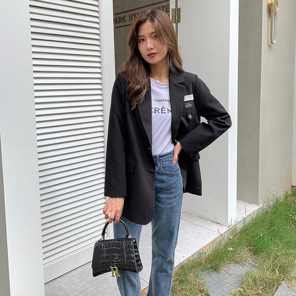 Nuevo Traje Coreano De Primavera Y OtoñO Estilo BritáNico Negro Casual Traje PequeñO Chaqueta De Traje Mujer Blanco 2XL Negro-image