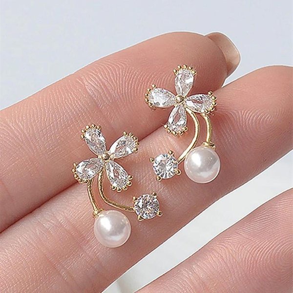 Pendientes EstéTicos De Flor De Cristal Huitan Con Circonita CúBica Para Mujer Temperamento Dulce Pendientes De Perla De ImitacióN JoyeríA De Moda-image